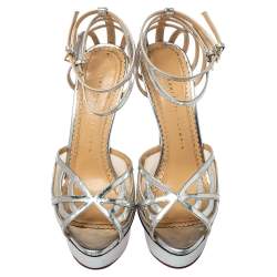 Pre Owned Charlotte Olympia Silver Leather Octavia Platform Ankle Strap Sandals Size 38