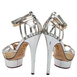 Pre Owned Charlotte Olympia Silver Leather Octavia Platform Ankle Strap Sandals Size 38