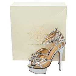 Pre Owned Charlotte Olympia Silver Leather Octavia Platform Ankle Strap Sandals Size 38