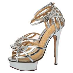Pre Owned Charlotte Olympia Silver Leather Octavia Platform Ankle Strap Sandals Size 38
