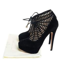 Pre Owned Charlotte Olympia Black Suede And Mesh Minerva Web Ankle Boots Size 37