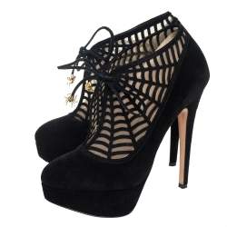 Pre Owned Charlotte Olympia Black Suede And Mesh Minerva Web Ankle Boots Size 37