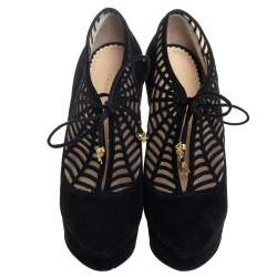 Pre Owned Charlotte Olympia Black Suede And Mesh Minerva Web Ankle Boots Size 37