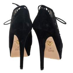 Pre Owned Charlotte Olympia Black Suede And Mesh Minerva Web Ankle Boots Size 37