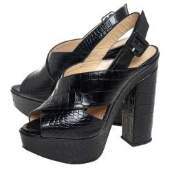 Pre Owned Charlotte Olympia Black Croc Embossed Leather Platform Sandals Size 38.5
