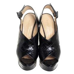 Pre Owned Charlotte Olympia Black Croc Embossed Leather Platform Sandals Size 38.5