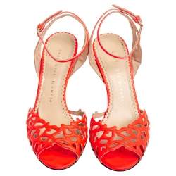 Pre Owned Charlotte Olympia Orange Leather Ankle Strap Sandals Size 36.5