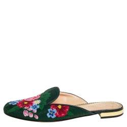 Charlotte Olympia Green Canvas Rose Garden Embroidered Sandals Size 39