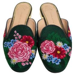 Charlotte Olympia Green Canvas Rose Garden Embroidered Sandals Size 39