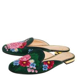 Charlotte Olympia Green Canvas Rose Garden Embroidered Sandals Size 39