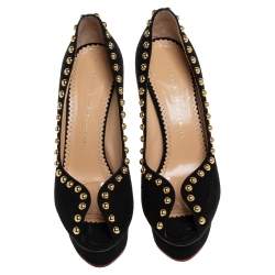 Charlotte Olympia Black Suede Daphne Studded Peep Toe Platform Pumps Size 39.5