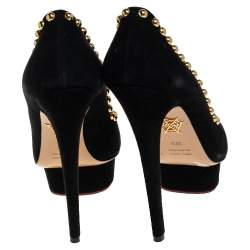 Charlotte Olympia Black Suede Daphne Studded Peep Toe Platform Pumps Size 39.5