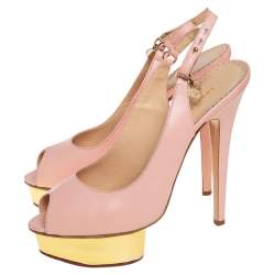 Charlotte Olympia Pale Pink Leather Bon Bon Platform Slingback Sandals Size 39