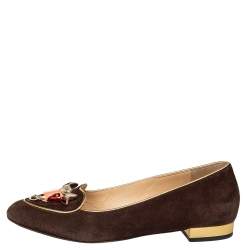 Pre Owned Charlotte Olympia Brown Suede Zodiac Taurus Embellished Smoking Slippers Size 39