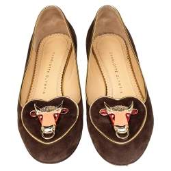 Pre Owned Charlotte Olympia Brown Suede Zodiac Taurus Embellished Smoking Slippers Size 39