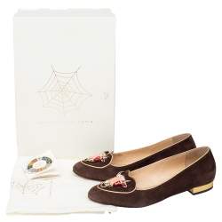 Pre Owned Charlotte Olympia Brown Suede Zodiac Taurus Embellished Smoking Slippers Size 39