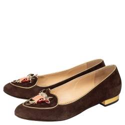 Pre Owned Charlotte Olympia Brown Suede Zodiac Taurus Embellished Smoking Slippers Size 39