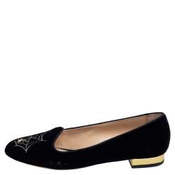 Pre Owned Charlotte Olympia Black Velvet Web Smoking Slippers Size 40