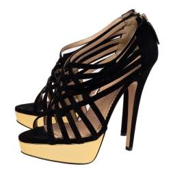 مملوكة مسبقًا Charlotte Olympia Black Suede Peep Toe Platform Strappy Sandals Size 37