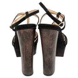 مملوكة مسبقًا Charlotte Olympia Black Canvas Strappy Platform Block Heel Sandals Size 38