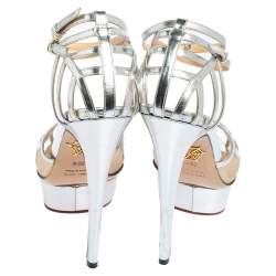 Charlotte Olympia Silver Leather Octavia Platform Ankle Strap Sandals Size 39.5