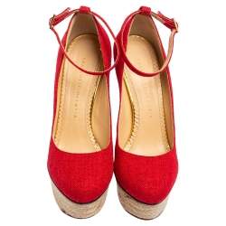 Charlotte Olympia Red Canvas Dolores Ankle Strap Platform Pumps Size 38