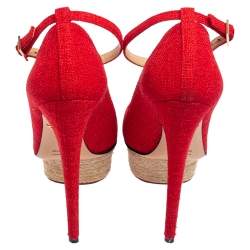 Charlotte Olympia Red Canvas Dolores Ankle Strap Platform Pumps Size 38