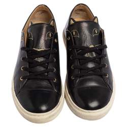 Pre Owned Charlotte Olympia Black Leather Kitty Lace Up Sneakers Size 40
