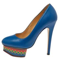 مملوكة مسبقًا حذاء كعب عالي شارلوت اوليمبيا دولي جلد أزرق نعل سميك مقاس 35.5 