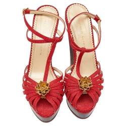 Pre Owned صندل شارلوت اوليمبيا قماش أحمرسيور سير كاحل نعل سميك مقاس 39