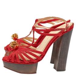 Pre Owned صندل شارلوت اوليمبيا قماش أحمرسيور سير كاحل نعل سميك مقاس 39