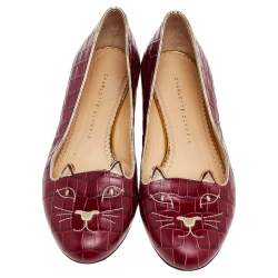 Pre Owned Charlotte Olympia Red Croc Embossed Leather Kitty Ballet Flats Size 39.5