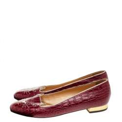 Pre Owned Charlotte Olympia Red Croc Embossed Leather Kitty Ballet Flats Size 39.5