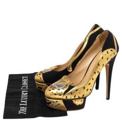 مملوكة مسبقًا Charlotte Olympia Black/Gold Leather Ninivah Leopard Platform Pumps Size 39