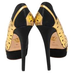 مملوكة مسبقًا Charlotte Olympia Black/Gold Leather Ninivah Leopard Platform Pumps Size 39