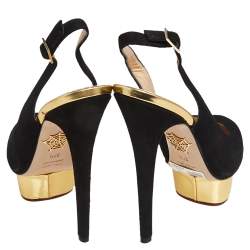 Pre Owned Charlotte Olympia Black Suede Dolly Platform Slingback Sandals Size 37.5