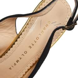 Pre Owned Charlotte Olympia Black Suede Dolly Platform Slingback Sandals Size 37.5
