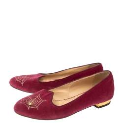 Charlotte Olympia Pink Velvet Embroidered Accent Loafers Size 39