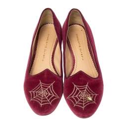 Charlotte Olympia Pink Velvet Embroidered Accent Loafers Size 39
