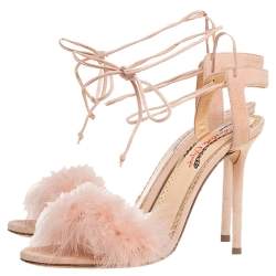 Charlotte Olympia Beige Suede And Feather Embellished Salsa Sandals Size 39