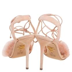 Charlotte Olympia Beige Suede And Feather Embellished Salsa Sandals Size 39