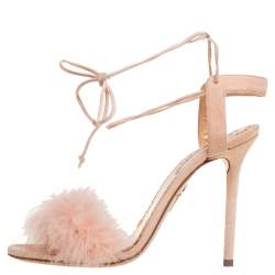 Charlotte Olympia Beige Suede And Feather Embellished Salsa Sandals Size 39