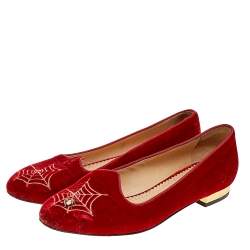 Charlotte Olympia Red Velvet Embroidered Ballet Flats Size 37