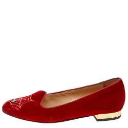 Charlotte Olympia Red Velvet Embroidered Ballet Flats Size 37