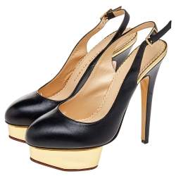 Charlotte Olympia Black Leather Dolly Platform Slingback Pumps Size 38.5