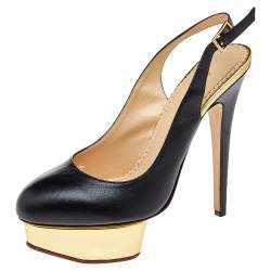 Charlotte Olympia Black Leather Dolly Platform Slingback Pumps Size 38.5