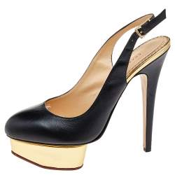 Charlotte Olympia Black Leather Dolly Platform Slingback Pumps Size 38.5