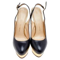 Charlotte Olympia Black Leather Dolly Platform Slingback Pumps Size 38.5