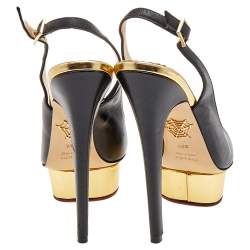 Charlotte Olympia Black Leather Dolly Platform Slingback Pumps Size 38.5