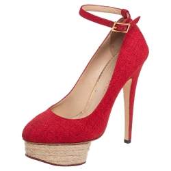 Charlotte Olympia Red Canvas Dolly Platform Pumps Size 38